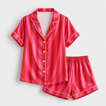 PJ-165-Unisex Satin Pajama Set with Colorful Striped Print Button Down Sleepwear Shirt and Bottoms