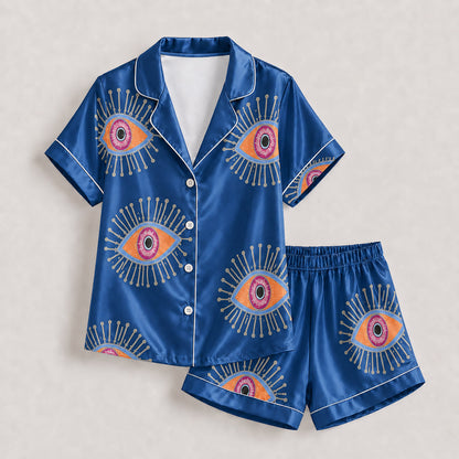 PJ-166-Unisex Satin Pajama Set with Evil Eye Boho Print Button Down Sleepwear Shirt and Bottoms