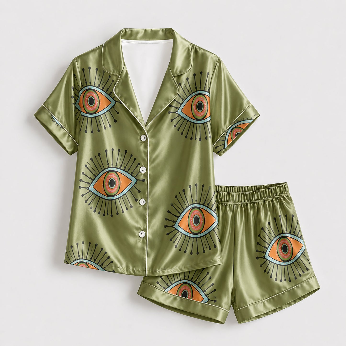 PJ-166-Unisex Satin Pajama Set with Evil Eye Boho Print Button Down Sleepwear Shirt and Bottoms