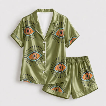 PJ-166-Unisex Satin Pajama Set with Evil Eye Boho Print Button Down Sleepwear Shirt and Bottoms