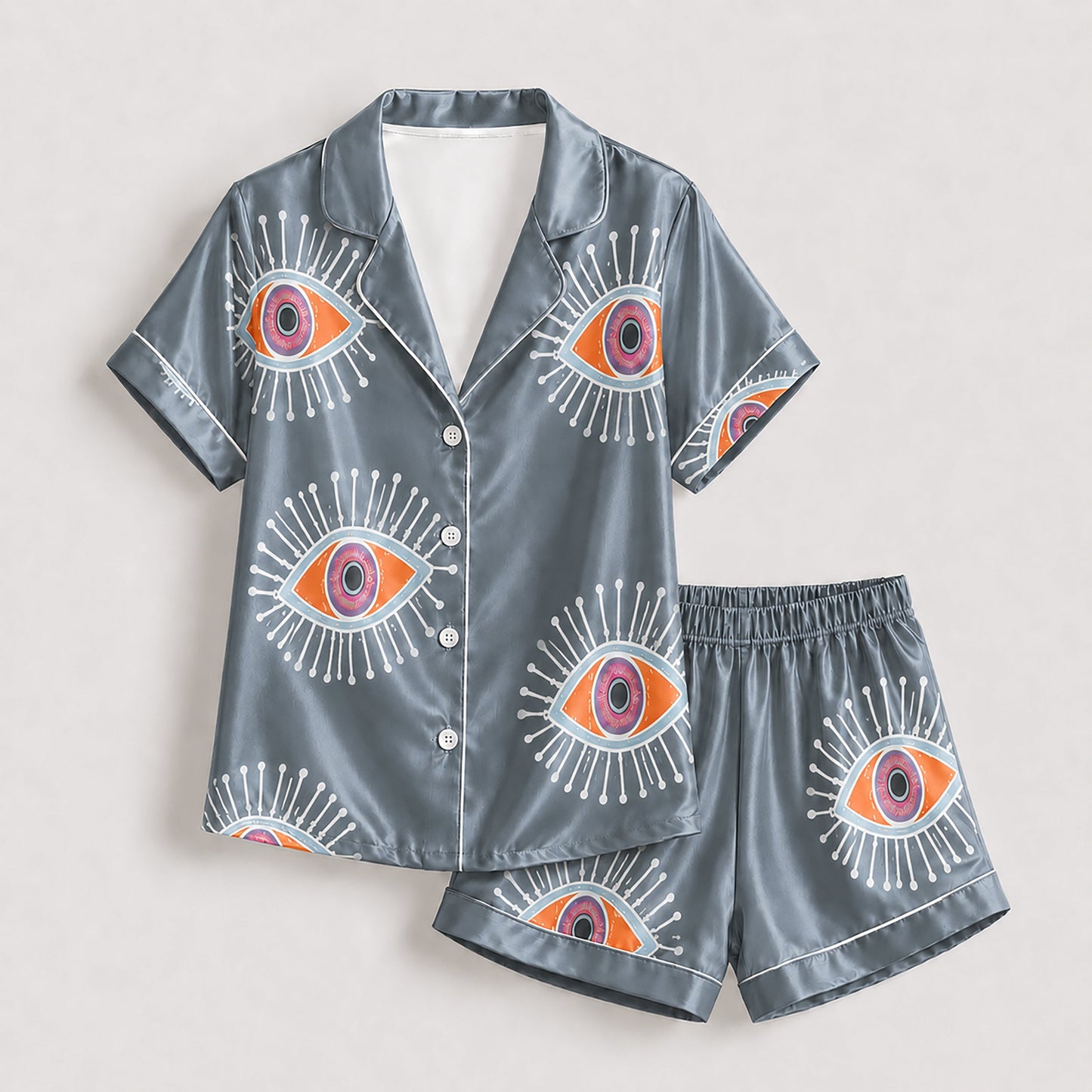 PJ-166-Unisex Satin Pajama Set with Evil Eye Boho Print Button Down Sleepwear Shirt and Bottoms
