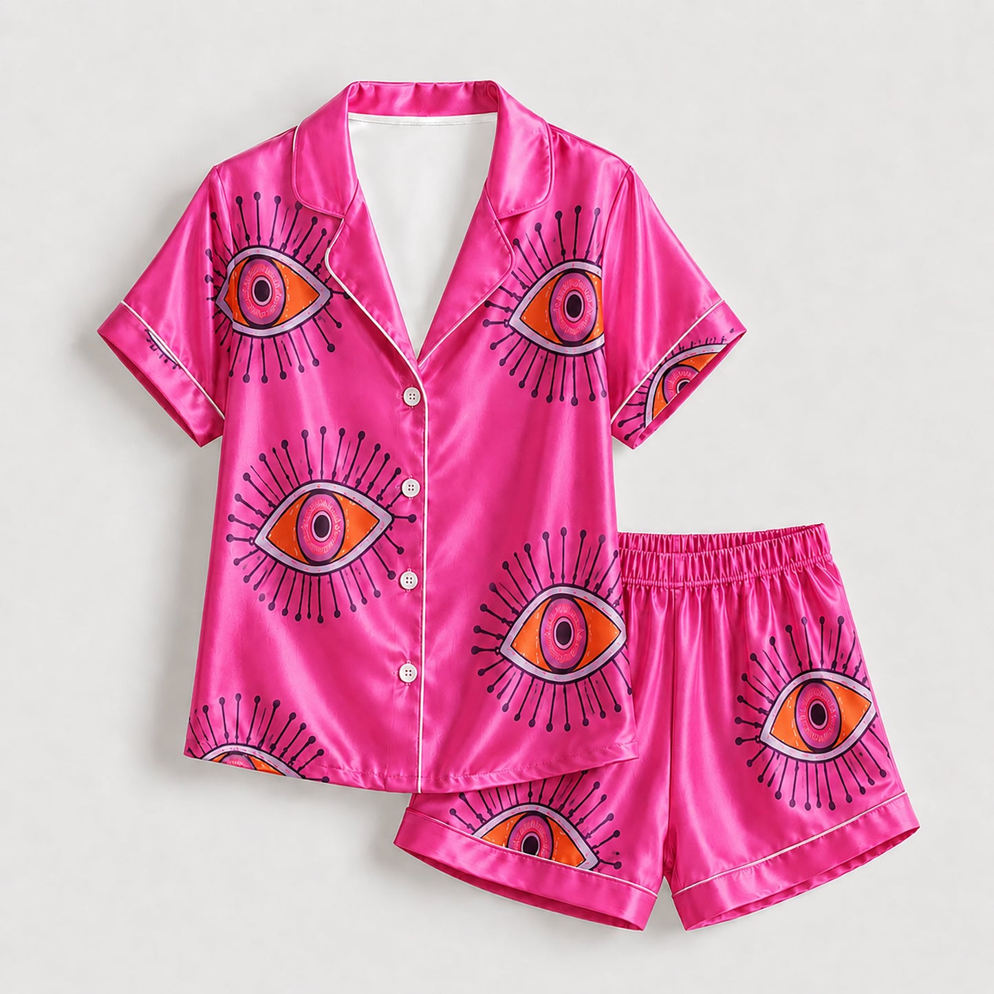 PJ-166-Unisex Satin Pajama Set with Evil Eye Boho Print Button Down Sleepwear Shirt and Bottoms