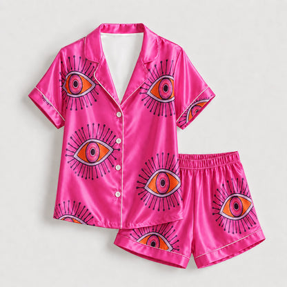 PJ-166-Unisex Satin Pajama Set with Evil Eye Boho Print Button Down Sleepwear Shirt and Bottoms
