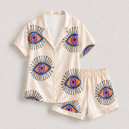 PJ-166-Unisex Satin Pajama Set with Evil Eye Boho Print Button Down Sleepwear Shirt and Bottoms