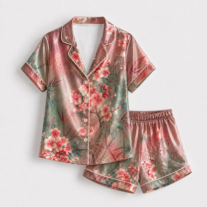 PJ-169-Satin Ombre Rose Cherry Blossom White Piping Button Up Pajama Set