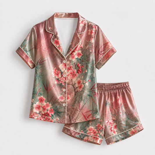 PJ-169-Satin Ombre Rose Cherry Blossom White Piping Button Up Pajama Set