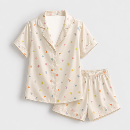 PJ-170-Satin Ivory Pastel Star Classic Piping Button Up Pajama Set