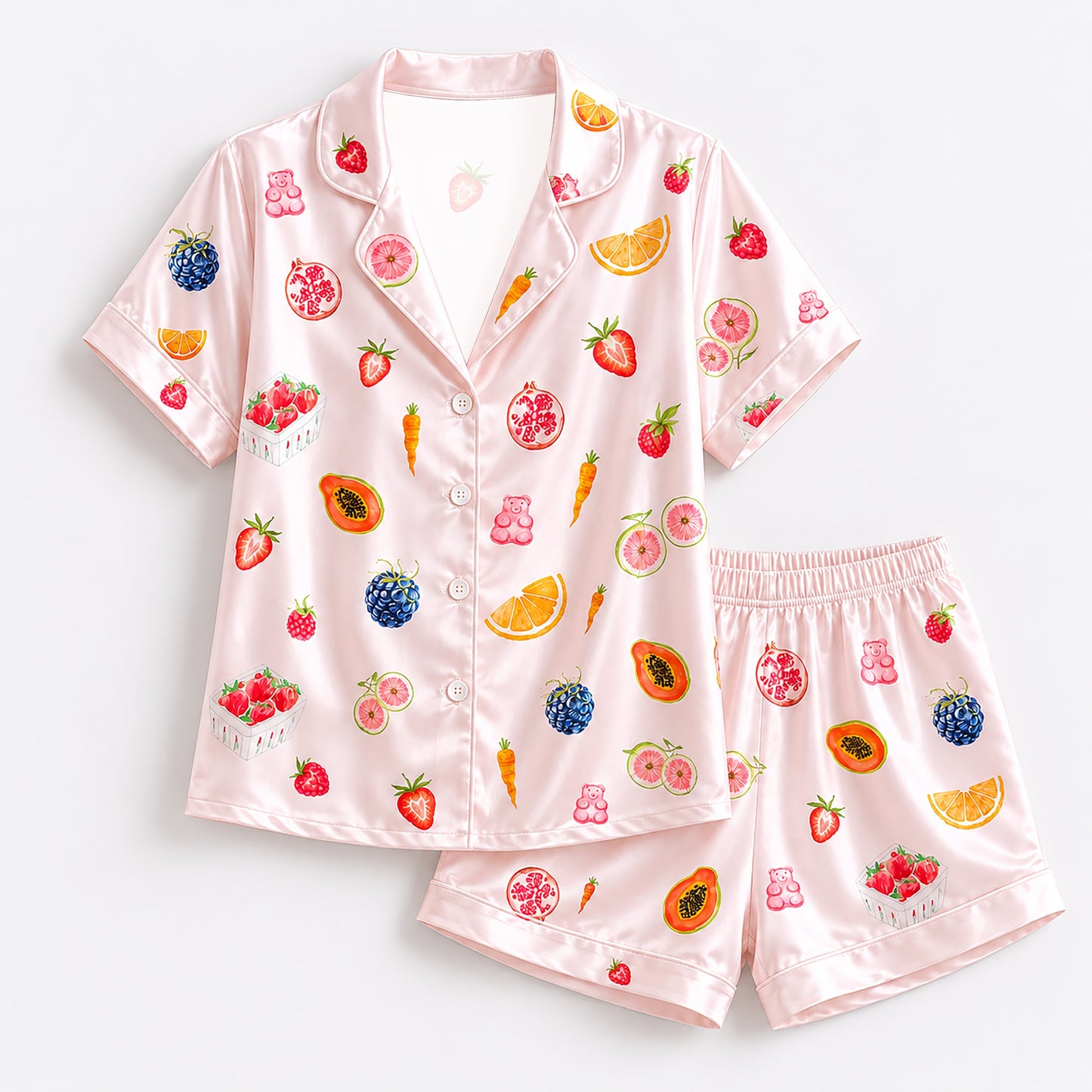 PJ-171-Satin Blush Pink Tutti Frutti Classic Piping Button Up Pajama Set