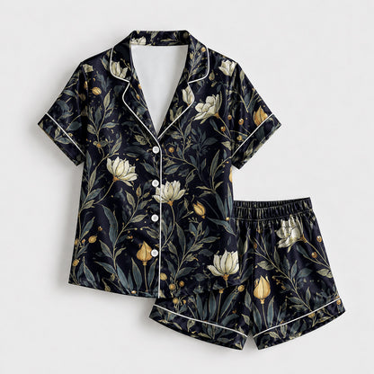PJ-172-Satin Midnight Navy Botanical White Piping Button Up Pajama Set