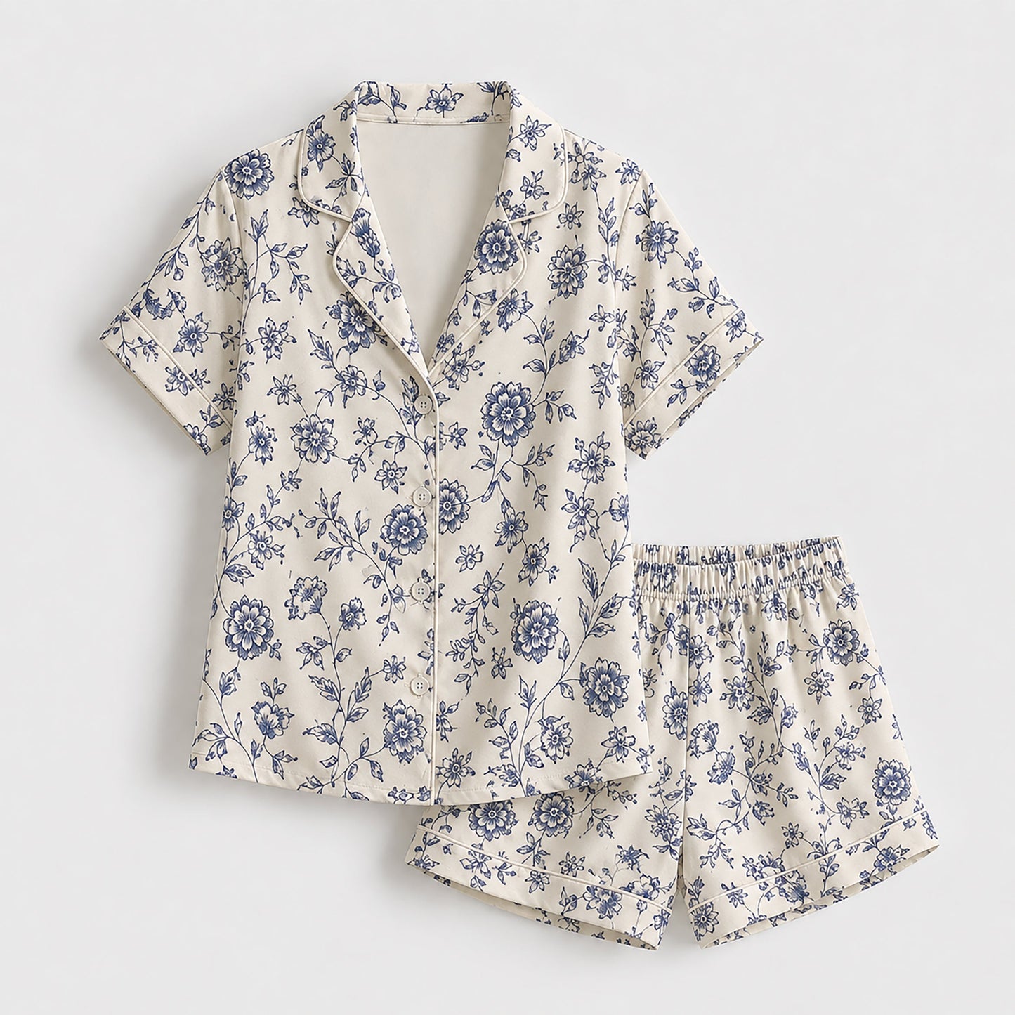 PJ-173-Satin Ivory Blue Porcelain Floral Classic Piping Button Up Pajama Set