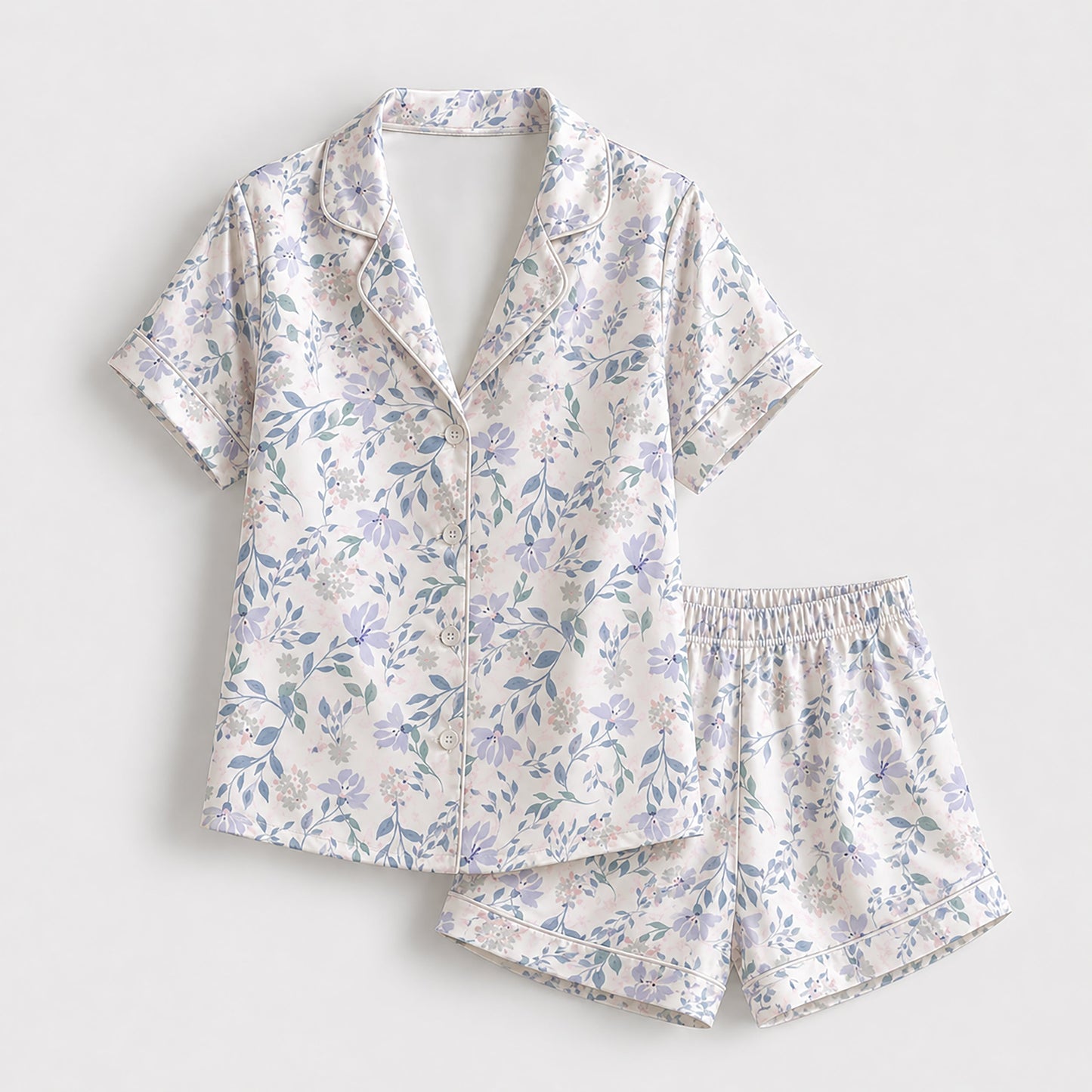 PJ-174-Satin White Pastel Lilac Floral Classic Piping Button Up Pajama Set