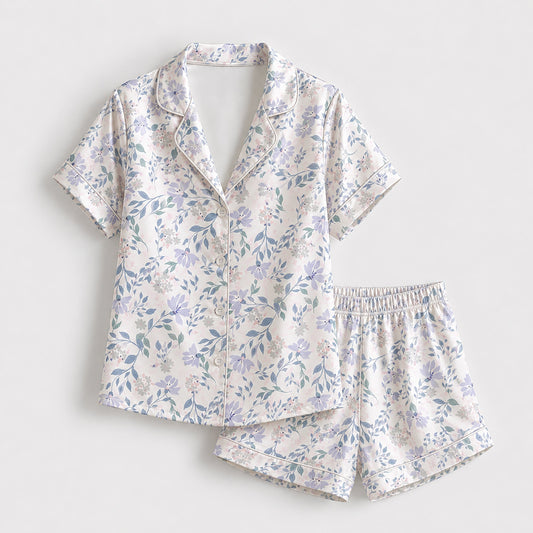 PJ-174-Satin White Pastel Lilac Floral Classic Piping Button Up Pajama Set