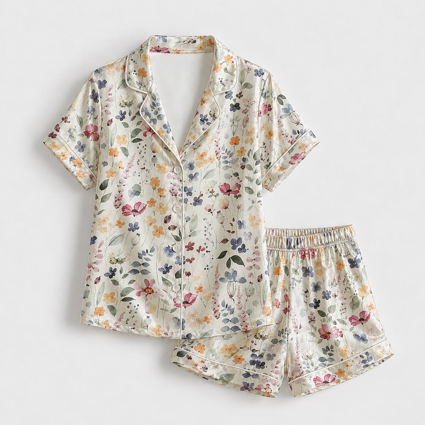 PJ-175-Pastel Floral Satin Pajama Set With Button Up Shirt And Soft Matching Bottoms