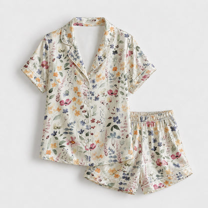 PJ-175-Pastel Floral Satin Pajama Set With Button Up Shirt And Soft Matching Bottoms