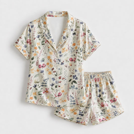PJ-175-Pastel Floral Satin Pajama Set With Button Up Shirt And Soft Matching Bottoms