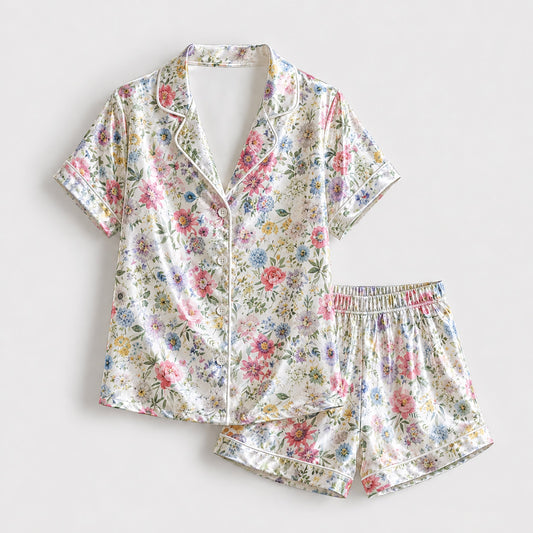 PJ-176-Garden Floral Satin Pajama Set With Button Up Top And Soft Matching Sleepwear Bottoms