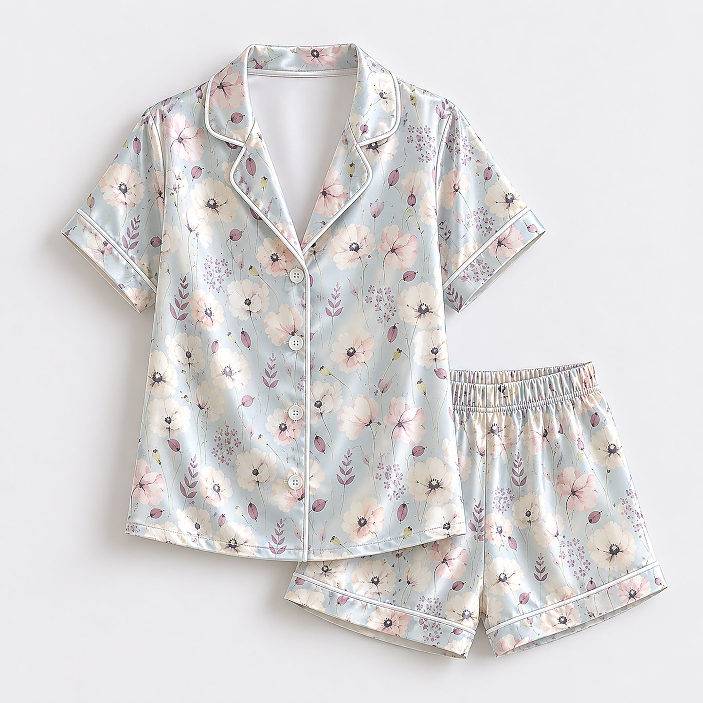 PJ-177-Pastel Blue Flower Satin Sleepwear Set With Botanical Print And Comfortable Matching Pajama Bottoms