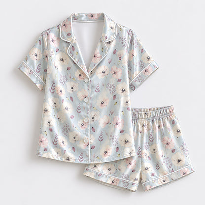 PJ-177-Pastel Blue Flower Satin Sleepwear Set With Botanical Print And Comfortable Matching Pajama Bottoms
