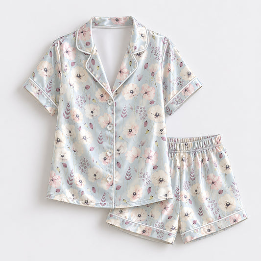 PJ-177-Pastel Blue Flower Satin Sleepwear Set With Botanical Print And Comfortable Matching Pajama Bottoms
