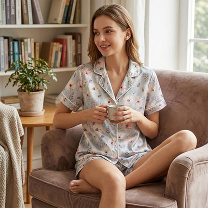 PJ-177-Pastel Blue Flower Satin Sleepwear Set With Botanical Print And Comfortable Matching Pajama Bottoms
