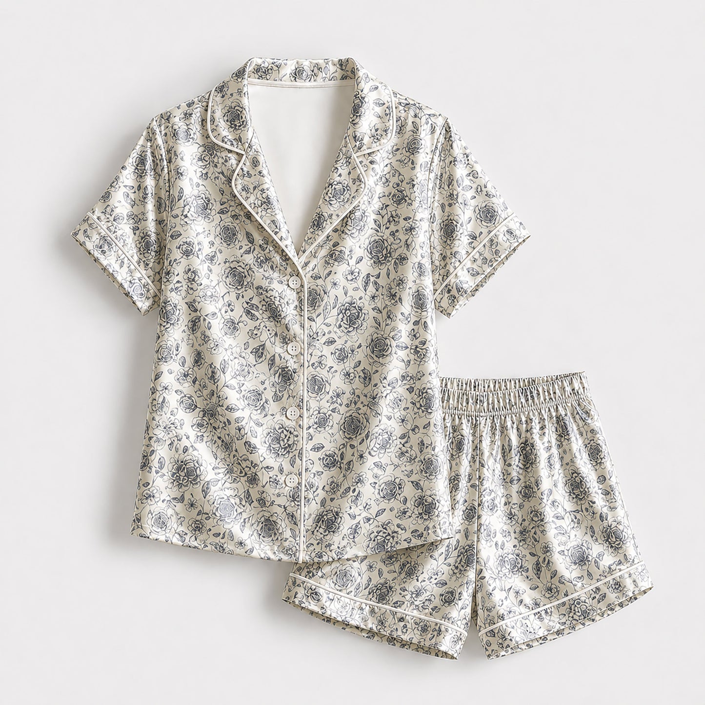 PJ-178-Vintage Floral Satin Sleepwear Set With Button Up Shirt And Comfortable Matching Pajama Bottoms