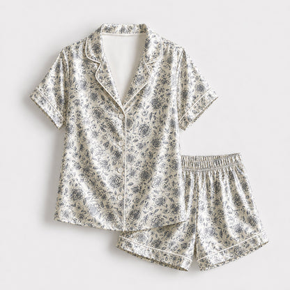 PJ-178-Vintage Floral Satin Sleepwear Set With Button Up Shirt And Comfortable Matching Pajama Bottoms