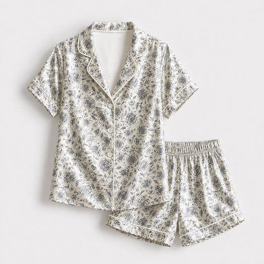 PJ-178-Vintage Floral Satin Sleepwear Set With Button Up Shirt And Comfortable Matching Pajama Bottoms