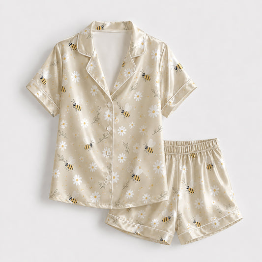 PJ-179-Honeybee Daisy Satin Pajama Set With Button Up Top And Soft Matching Sleepwear Bottoms