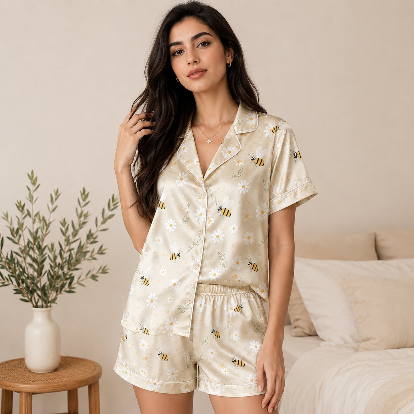 PJ-179-Honeybee Daisy Satin Pajama Set With Button Up Top And Soft Matching Sleepwear Bottoms