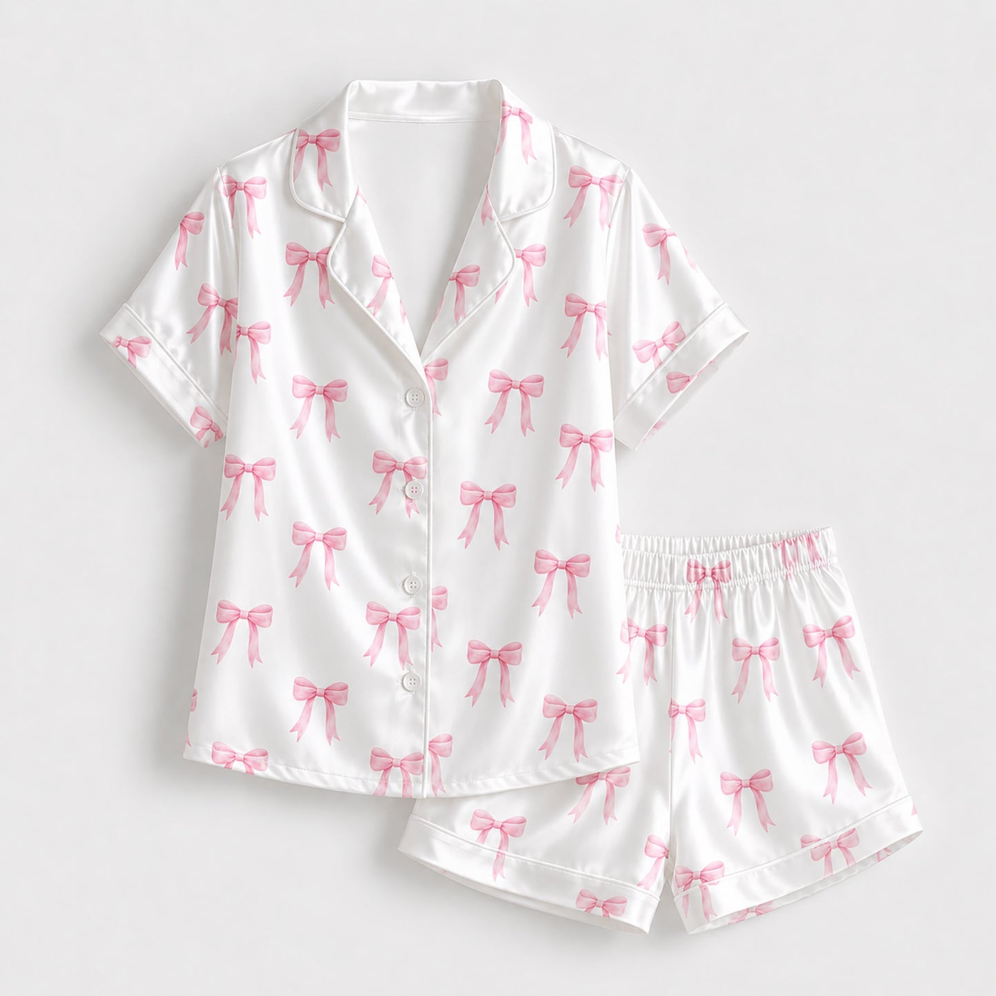PJ-180-Satin White Pink Coquette Bow Classic Piping Button Up Pajama Set