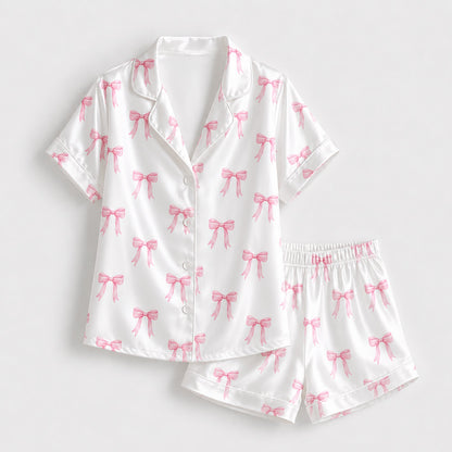 PJ-180-Satin White Pink Coquette Bow Classic Piping Button Up Pajama Set
