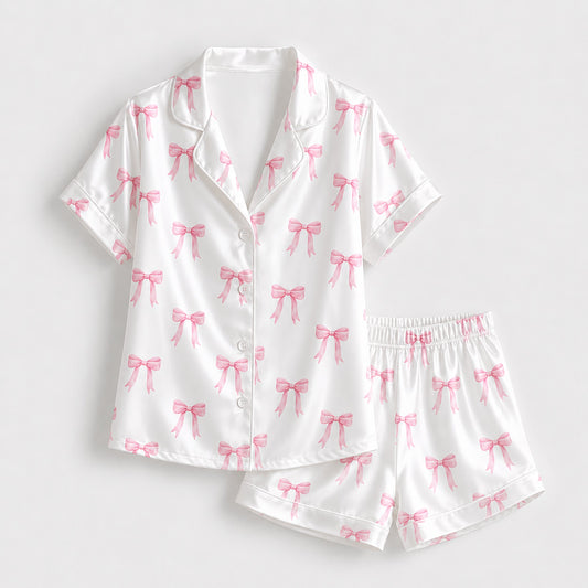 PJ-180-Satin White Pink Coquette Bow Classic Piping Button Up Pajama Set