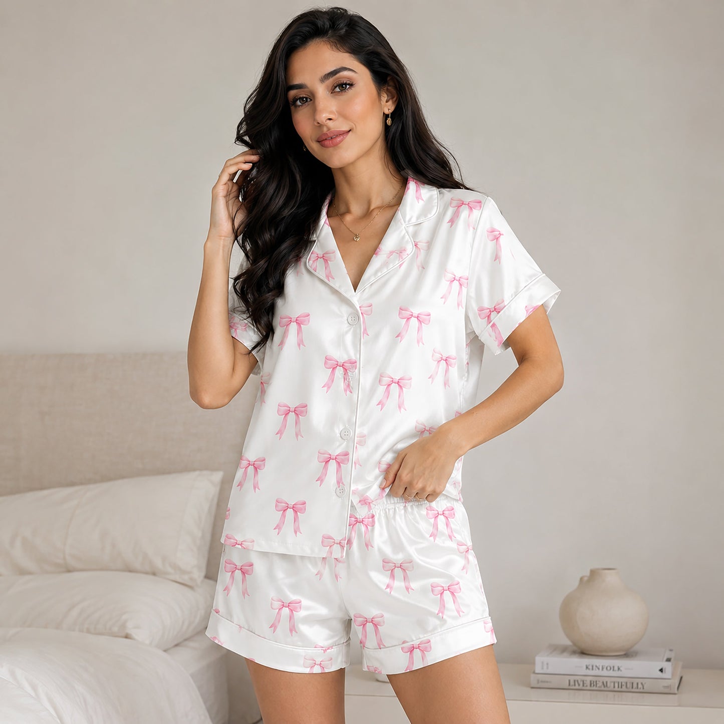 PJ-180-Satin White Pink Coquette Bow Classic Piping Button Up Pajama Set