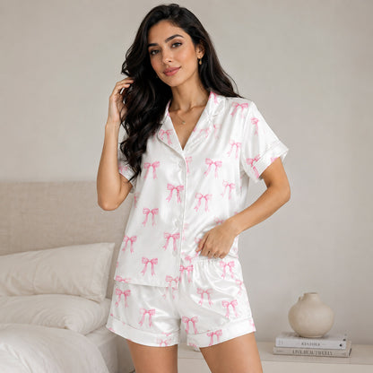 PJ-180-Satin White Pink Coquette Bow Classic Piping Button Up Pajama Set