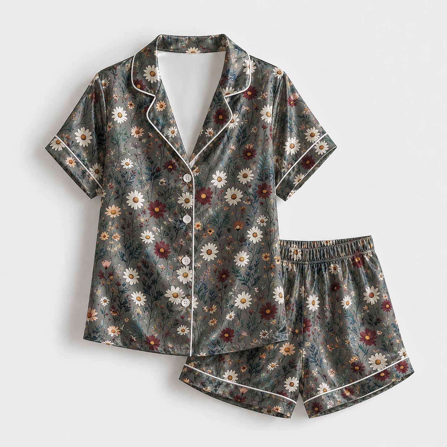 PJ-182-Gray Floral Satin Sleepwear Set With Daisy Print And Comfortable Matching Pajama Bottoms