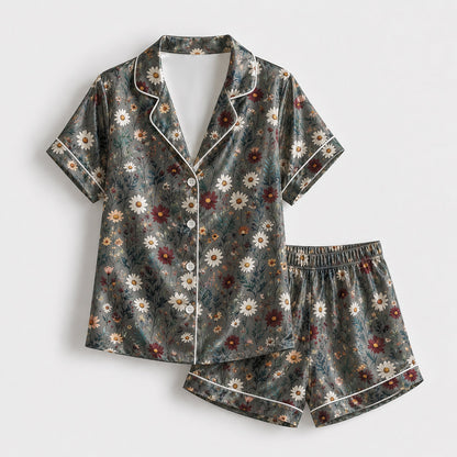 PJ-182-Gray Floral Satin Sleepwear Set With Daisy Print And Comfortable Matching Pajama Bottoms