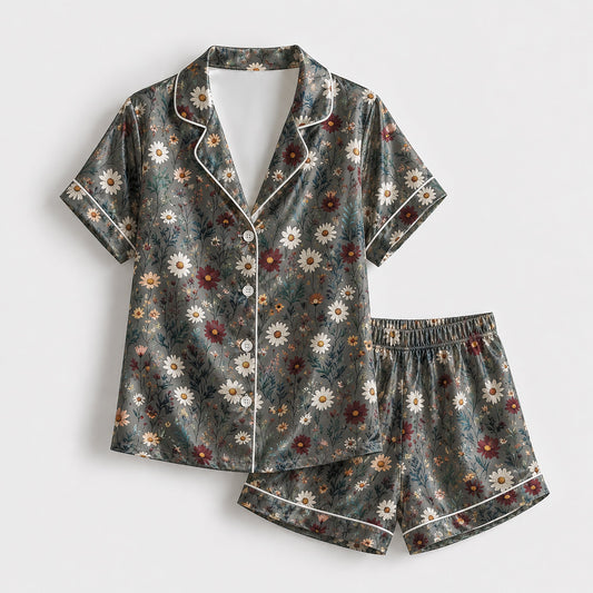 PJ-182-Gray Floral Satin Sleepwear Set With Daisy Print And Comfortable Matching Pajama Bottoms