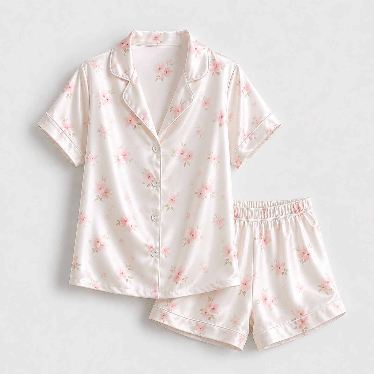 PJ-183-Satin Pearl White Soft Blossom Piping Button-Up Set