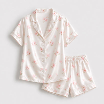PJ-183-Satin Pearl White Soft Blossom Piping Button-Up Set