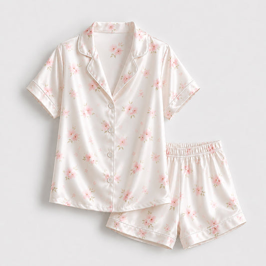 PJ-183-Satin Pearl White Soft Blossom Piping Button-Up Set