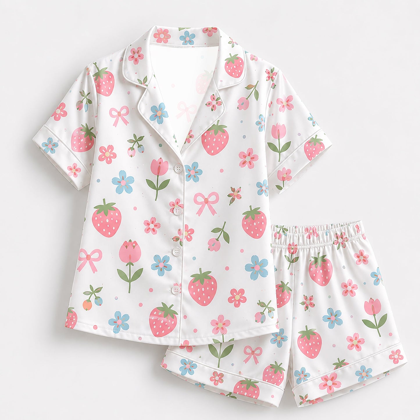 PJ-184-Strawberry Pure Mulberry Silk Pajama Set, White Fruit Flower Print Botanical Loungewear Sleepwear Collection