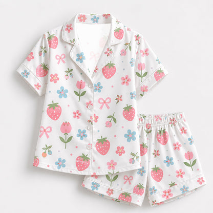 PJ-184-Strawberry Pure Mulberry Silk Pajama Set, White Fruit Flower Print Botanical Loungewear Sleepwear Collection