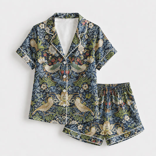 PJ-185-Satin Midnight Navy Heritage Tapestry Piping Button-Up Set