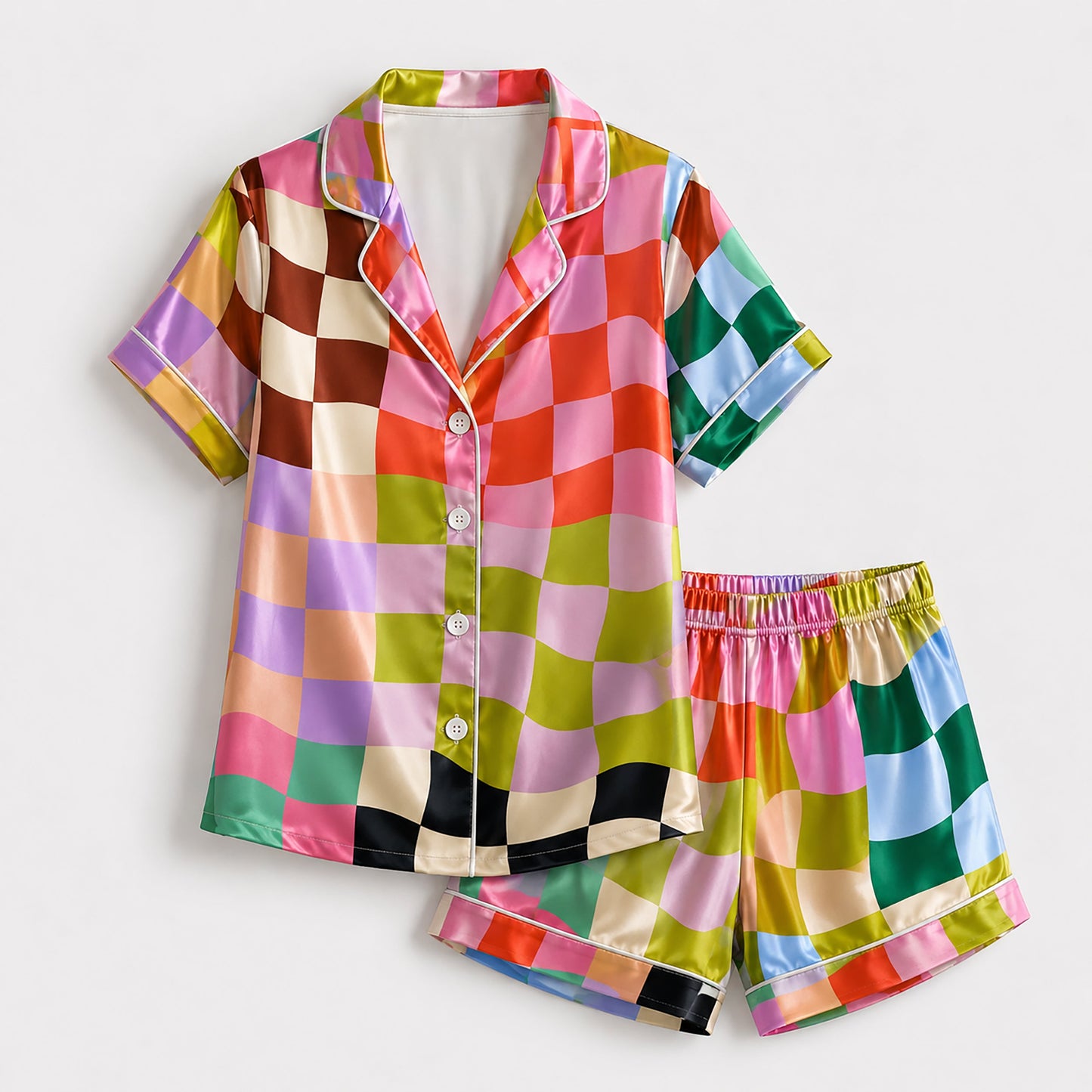 PJ-186-Unisex Satin Pajama Set with Colorful Checkerboard Print Button Down Sleepwear Shirt and Pants