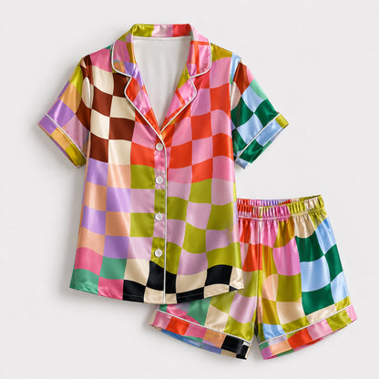 PJ-186-Unisex Satin Pajama Set with Colorful Checkerboard Print Button Down Sleepwear Shirt and Pants