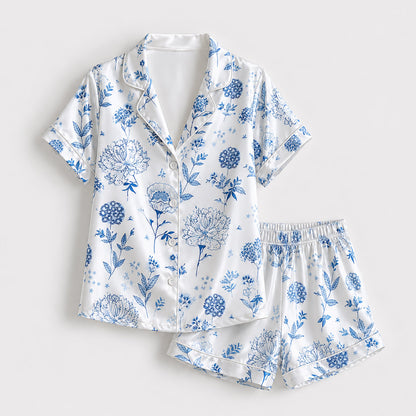 PJ-187-Elegant Blue Flower Satin Pajama Set With Button Up Top And Soft Matching Sleepwear Bottoms