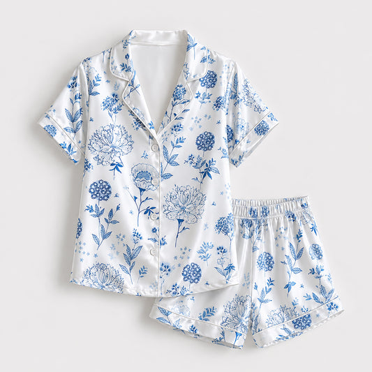 PJ-187-Elegant Blue Flower Satin Pajama Set With Button Up Top And Soft Matching Sleepwear Bottoms