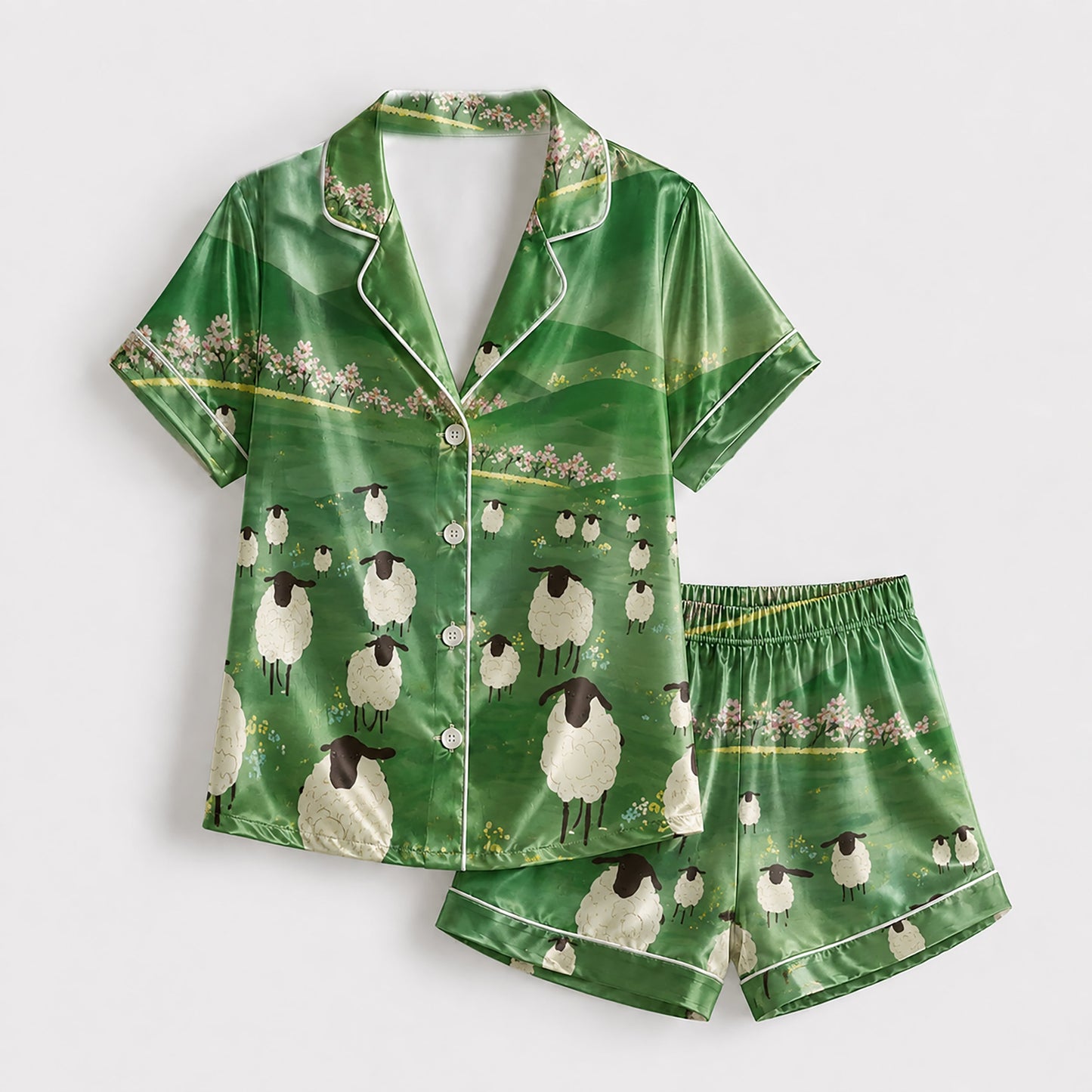 PJ-188-Countryside Sheep Satin Sleepwear Set With Floral Field Design And Comfortable Matching Pajama Bottoms