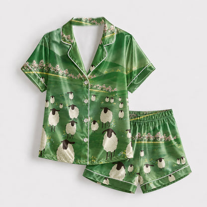 PJ-188-Countryside Sheep Satin Sleepwear Set With Floral Field Design And Comfortable Matching Pajama Bottoms