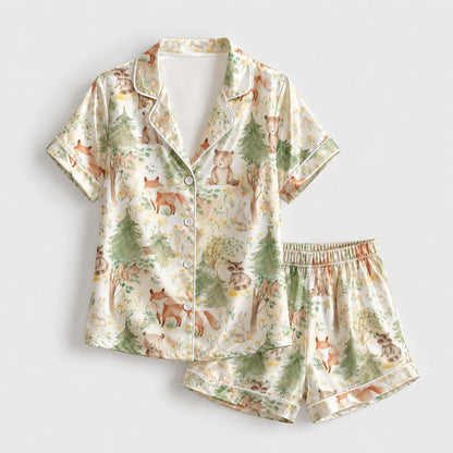 PJ-189-Cute Woodland Animal Satin Sleepwear Set With Pine Tree Print And Matching Pajama Bottoms
